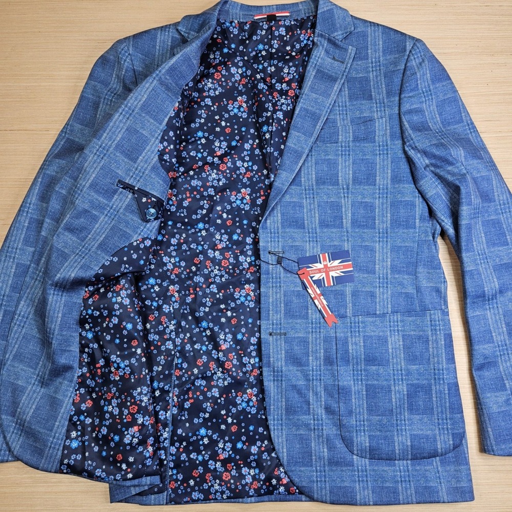Soul of London Blazer Mens 42R Blue Plaid Floral Lining NEW Sport Coat